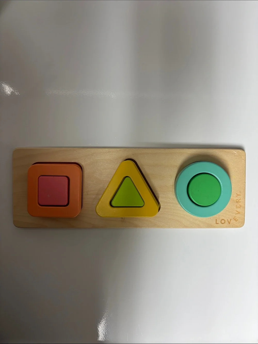 Lovevery Wooden Shape Sorting Board – Orange, Yellow, Teal